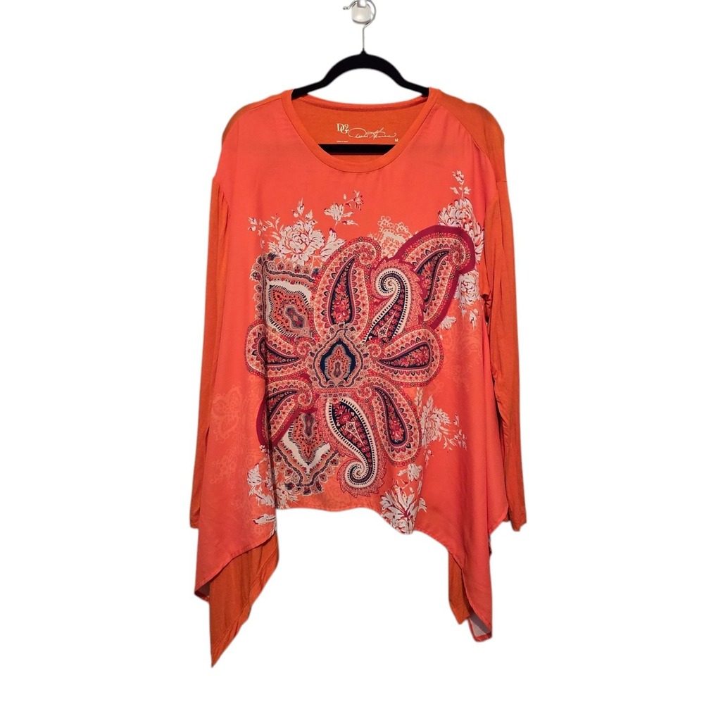 DG2 Diane Gilman Womens Paisley Top M Orange Silky Front Stretch Knit Back Artsy